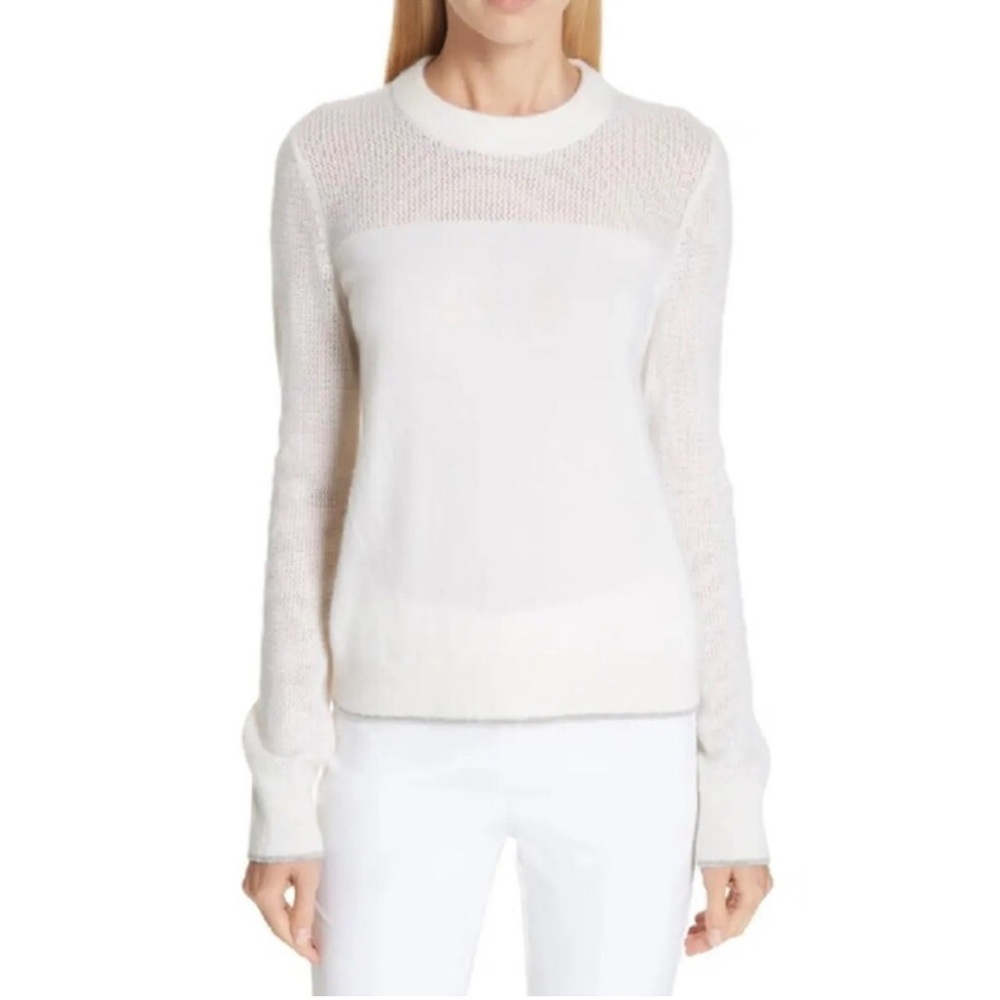 John + Jenn Winter White Crew Neck Fuzzy Mesh Sweater Size Large